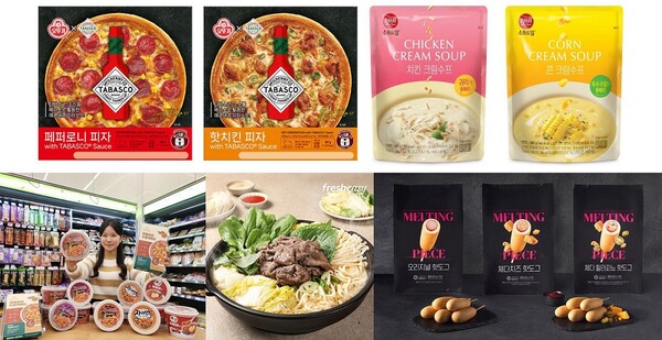 오뚜기, CJ제일제당, 하림 멜팅피스, 프레시지, CU (시계방향으로)