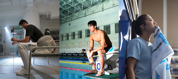 오상욱, 황선우, 신유빈 파워에이드 광고 촬영 현장 (왼쪽부터)