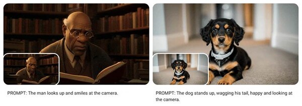 오가 이마젠 3로 생성한 이미지를 바탕으로 생성한 영상 클립 예시(좌측) 프롬프트: 남자가 카메라를 향해 고개를 들고 웃는다(우측) 프롬프트: 강아지가 일어나서 꼬리를 흔들면서 카메라를 행복하게 바라본다