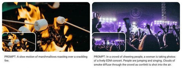 비오가 실제 이미지를 바탕으로 생성한 영상 클립 예시(좌측) 프롬프트:  지글거리는 불 위로 마시멜로가 구워지고 있는 모습의 슬로 모션(우측) 프롬프트: 환호하는 관중 속에서 한 여성이 EDM 콘서트의 생생한 현장을 담은 사진을 찍는 모습. 관중들은 노래를 부르면서 뛰고 있고, 콘페티가 공기 중에 날리면서 연기가 군중 사이로 퍼진다.