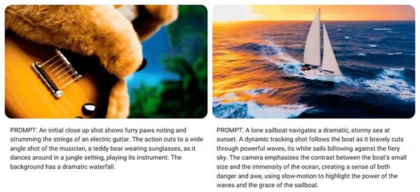 비오가 텍스트를 사용해 생성한 영상 클립 예시(좌측) 프롬프트: 북실한 털로 덮인 발이 일렉트릭 기타의 줄을 튕기면서 연주하는 모습을 클로즈업으로 찍은 첫 장면으로 시작한다.  더치 앵글 샷으로 전환해 선글라스를 쓴 곰인형이 정글을 배경으로 기타를 연주하며 춤을 춘다. 마지막으로 광각 샷으로 헤드뱅잉하는 곰의 배경으로 폭포가 보인다.(우측) 프롬프트: 해 질 녘에 역동적으로 파도치는 바다를 홀로 항해하는 보트 한 척. 역동적인 트래킹 샷으로 붉은 하늘을 배경으로 하얀 돛을 휘날리며 힘차게 파도를 헤쳐나가는 보트를 따라간다. 슬로 모션으로 파도의 힘과 보트의 우아함을 강조하고, 보트의 작은 크기와 광활한 바다가 주는 대비감을 강조해 위험성과 경외감을 동시에 자아낸다.
