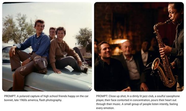 (좌측) 프롬프트: 자동차 보닛 위에서 행복한 표정을 짓고 있는 고등학교 친구들의 모습을 담은 폴라로이드 사진. 1960 년대 후반의 미국 배경에, 플래시 사진 기법 느낌으로.(우측) 프롬프트: 희미한 조명의 재즈 클럽에서 소울풀한 색소폰 연주가가 얼굴을 찡그린 채 집중하며 음악을 통해 자신의 소울을 쏟아내고 있는 모습을 클로즈업 샷으로 보여주는 이미지. 소규모의 사람들이 모여 연주에 집중한 채 여러 감정을 느끼는 모습.