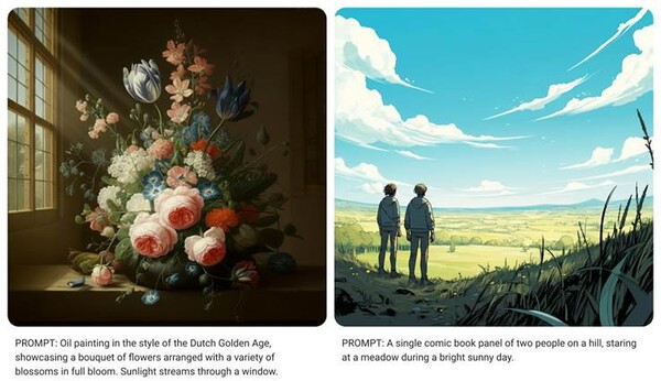 (좌측) 프롬프트: 네덜란드 황금시대 스타일의 유화로, 다양한 꽃이 만개한 꽃다발이 장식되어 있고 창문을 통해 햇빛이 들어오는 이미지(우측) 프롬프트: 화창한 날 언덕 위에서 초원을 바라보는 두 사람의 모습을 담은 코믹 만화 스타일의 이미지
