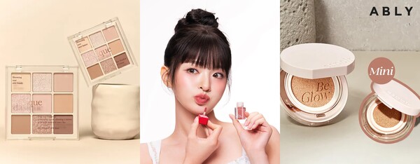 ‘데이지크 미니 9구 섀도우 팔레트’, ‘타이니원더 하이퍼 듀이 립틴트’, ‘에스쁘아 비글로우 볼륨 쿠션 미니’ (왼쪽부터)