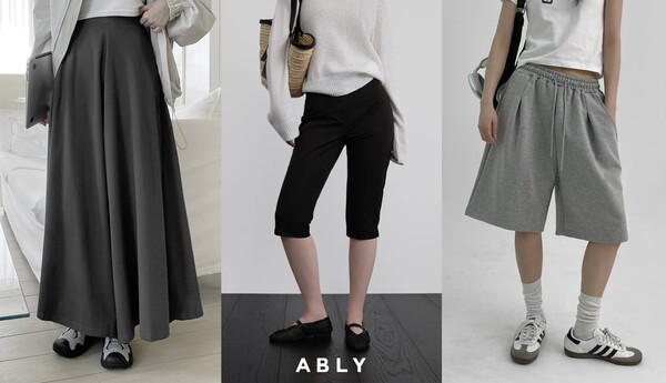 잇진 플레어 와이드 큐롯팬츠, 어텀 데이 카프리 팬츠, 블랙업 디키든 버뮤다 밴딩팬츠 (왼쪽부터)