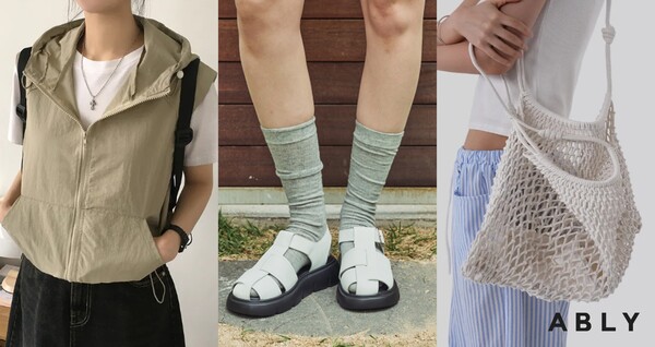 ‘앤드모어 아노락 스트링 후드 조끼 집업’, ‘엘리자베스스튜어트 크로스 피셔맨 샌들’, ‘어텀 로프 숄더백’ (왼쪽부터)